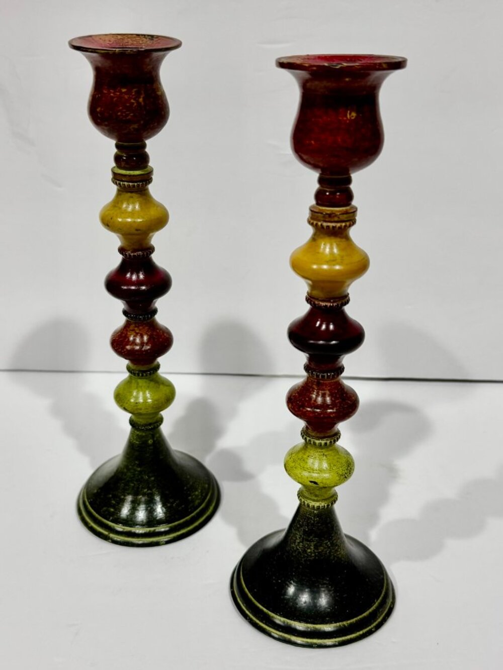 1990's Pair Pier One Imports Moroccan Color Stack Beaded Candlestick Holders